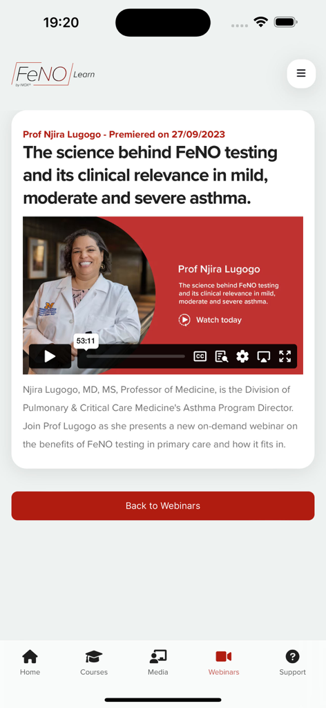 Tela de webinar do FeNO Learn apresentando o Prof Njira Lugogo discutindo a ciência dos testes de FeNO no tratamento da asma.