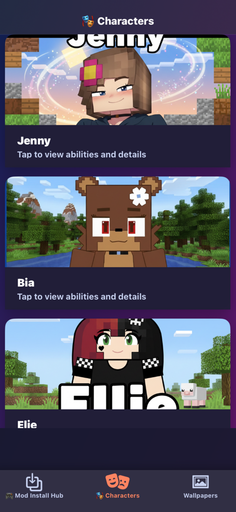 Jenny Addon MC - Character selection screen in Jenny Addon MC app featuring Jenny, Bia, and Ellie
