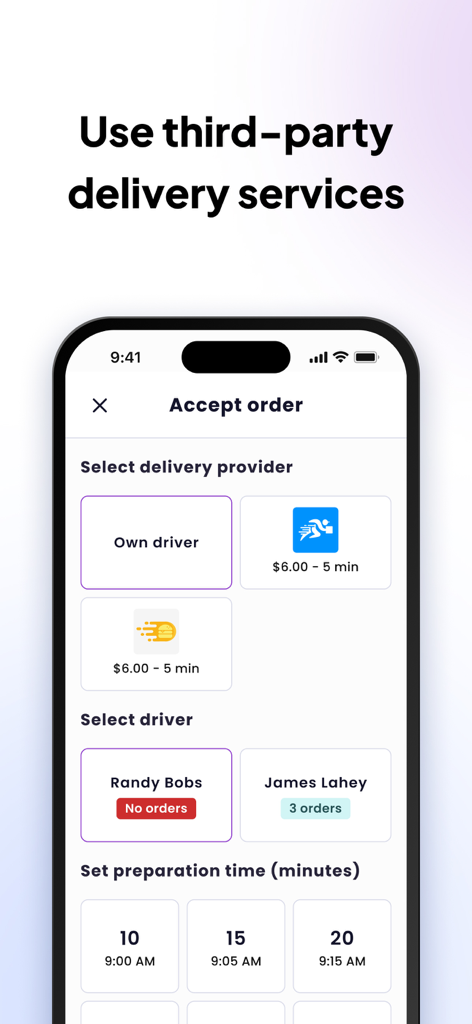 Restaurant order management interface in the UpMenu app showing options to choose between an internal driver or third-party delivery services.