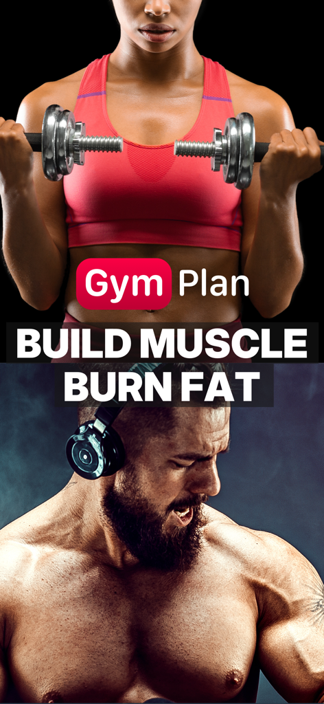 Gym Workout Planner - Gym Plan - Gráfico promocional da app Gym Plan mostrando uma mulher a levantar halteres e um homem musculado a treinar com auscultadores e texto que diz ganhar músculo queimar gordura