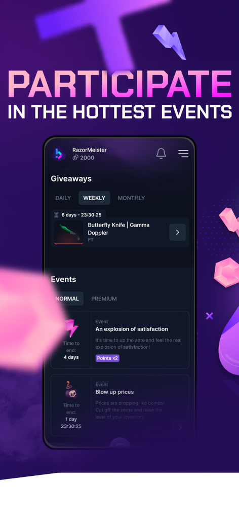 BWGG-CS2: Skins for CS2 - Écran de l'application mobile pour les cadeaux de skins CS2 et les événements de points