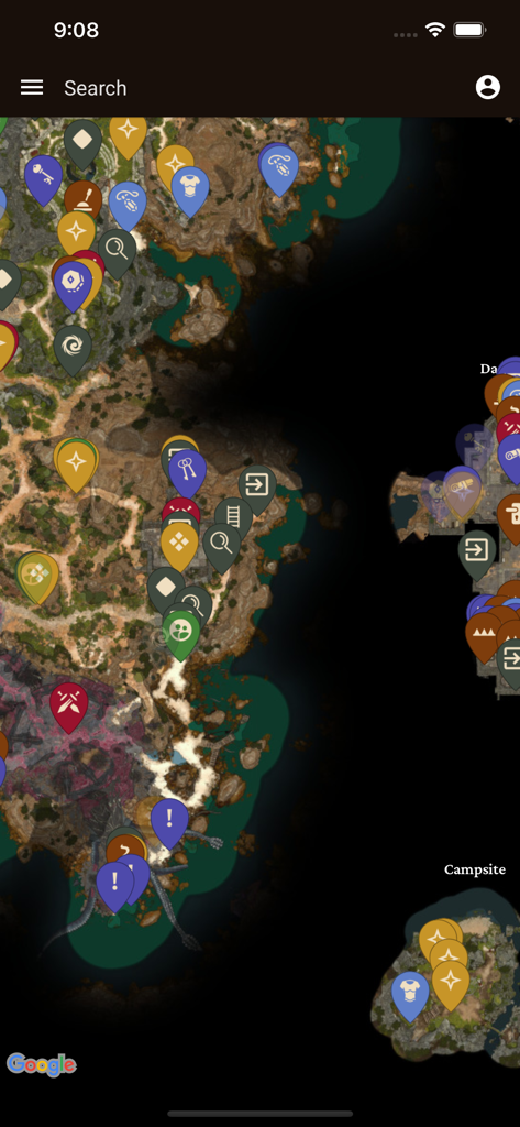 MapGenie: BG3 Map - Carte de jeu interactive pour Baldur's Gate 3 montrant divers marqueurs et icônes d'emplacement