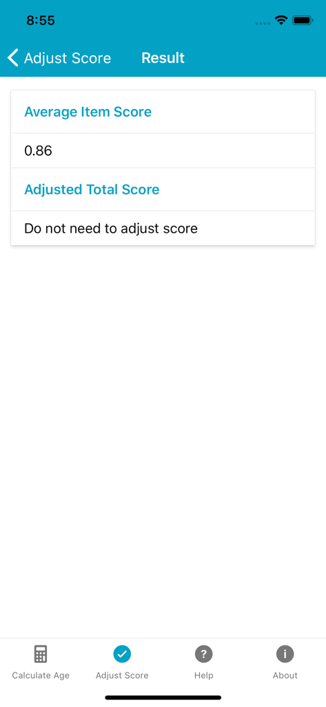 Screenshot of the ASQ Age and Score Calculator app showing the result of an adjusted score calculation with average item score.