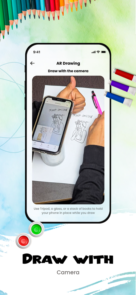 A person using the AR Drawing app to trace an illustration from their phone screen onto physical paper using the camera feature