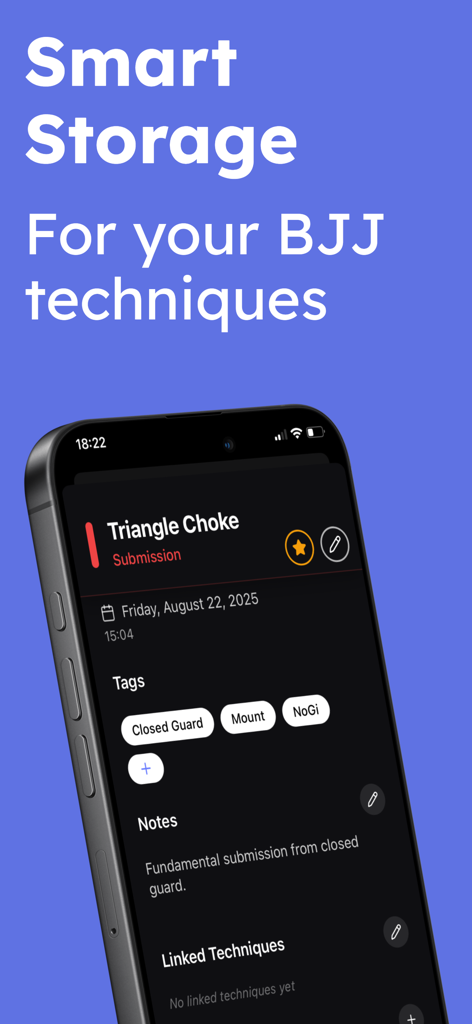 FlowRoll - BJJ Training Pal - FlowRoll app screen showing details for a Triangle Choke submission with categories and tags