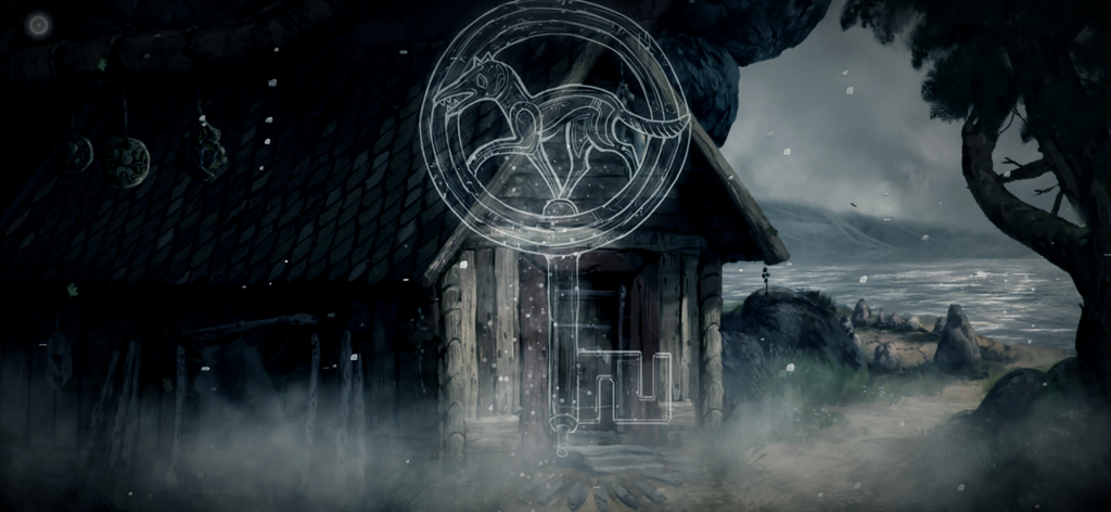 The Frostrune - A mystical wolf symbol and key glowing over a misty Nordic cabin in a hand painted scene