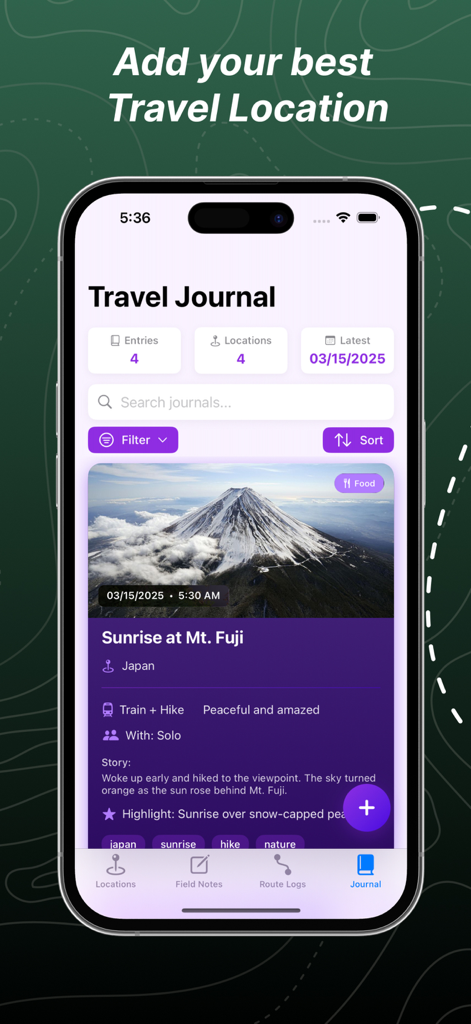 Map 3D Track+ - Travel journal interface in the Map 3D Track app displaying a field note entry for a sunrise hike at Mt Fuji.