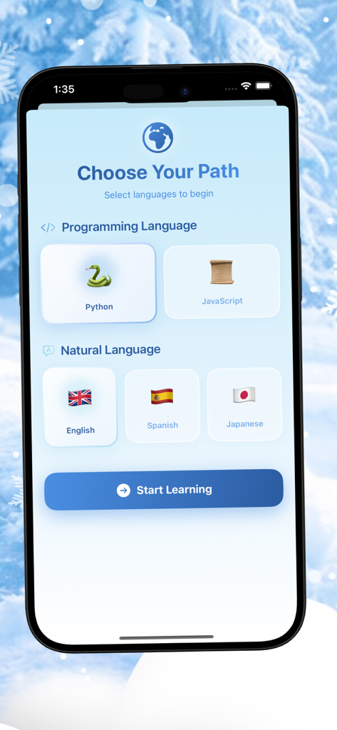 Ice Stack - La pantalla de selección de idioma de la aplicación Ice Stack mostrando opciones para Python, JavaScript y varios idiomas naturales.