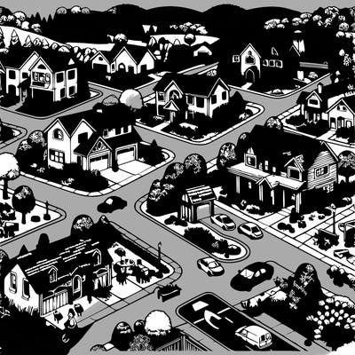 small town with lots of beautiful houses with beautiful landscapes and trees and flowers and add driveways and vehicles and roads and humans