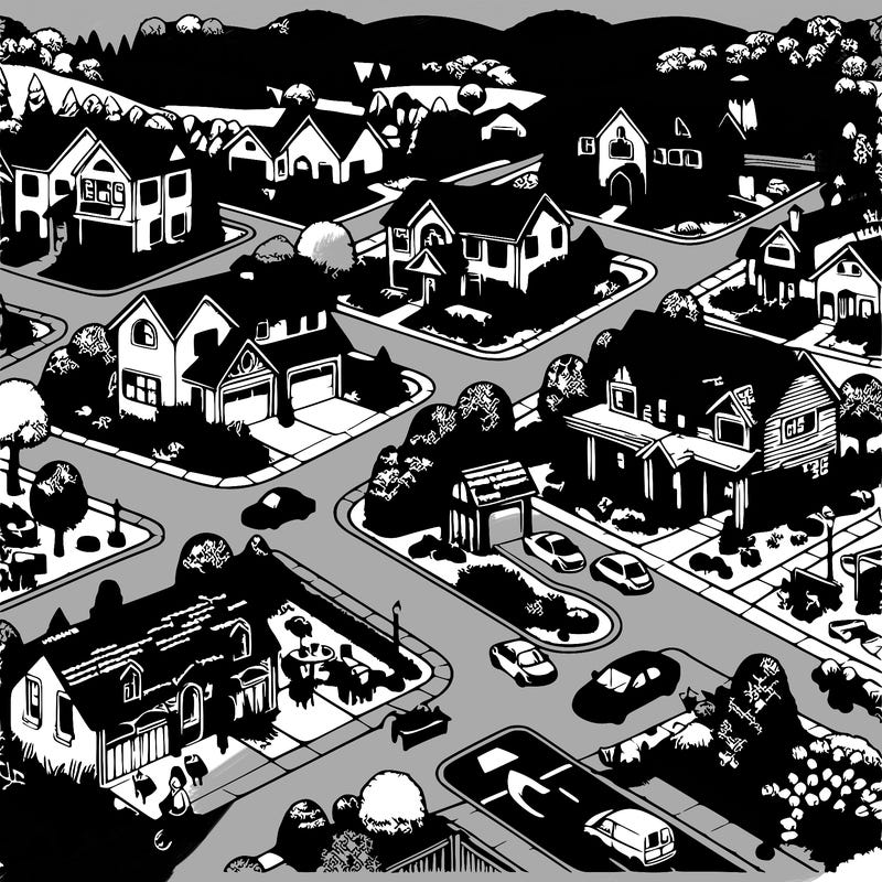 small town with lots of beautiful houses with beautiful landscapes and trees and flowers and add driveways and vehicles and roads and humans