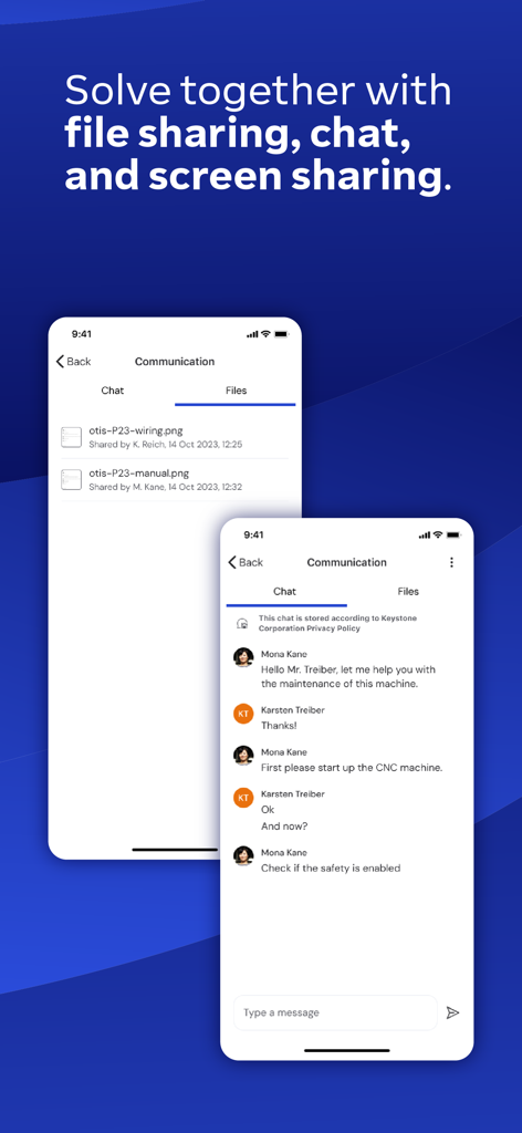 Interfaz que muestra chat en tiempo real y intercambio de archivos técnicos para asistencia remota de expertos