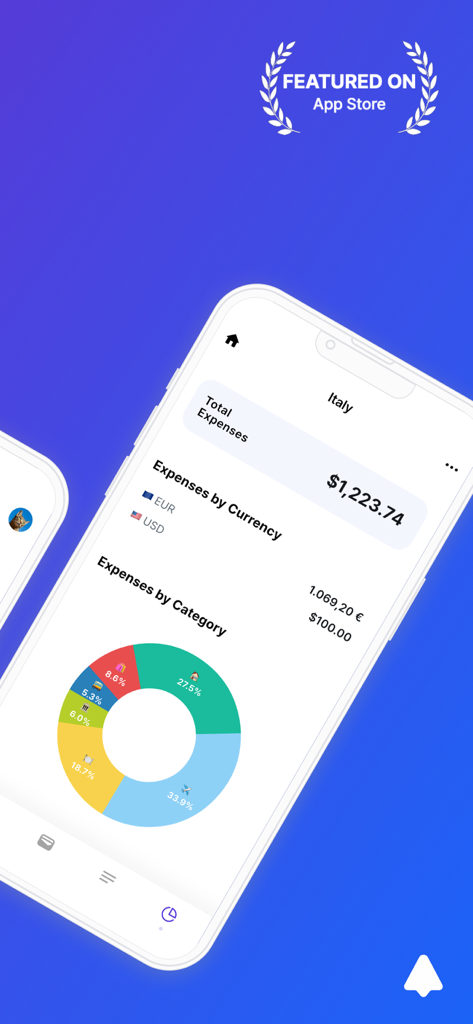 Trabee Pocket - Travel Budget - Trabee Pocket app screen showing total travel expenses and a breakdown by category using a colorful donut chart.