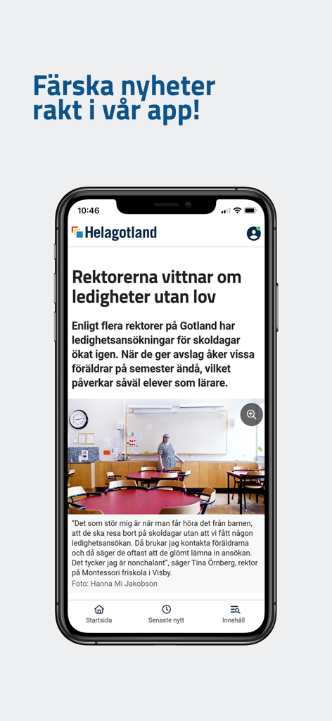 Smartphone screen showing the Helagotland news app with a Swedish local news article about schools in Gotland.