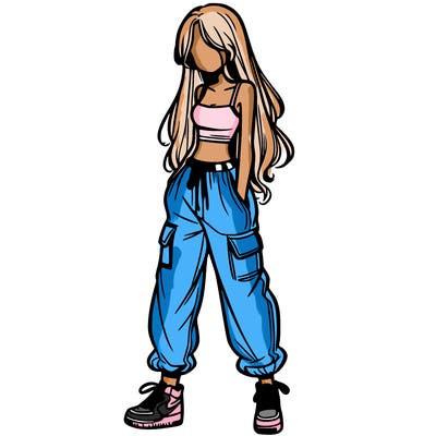 girl in baggy pants crop top and long hair