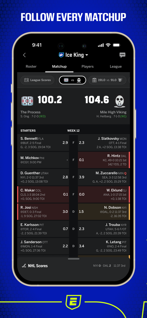 ESPN Fantasy app screen displaying a live matchup with scores and player stats