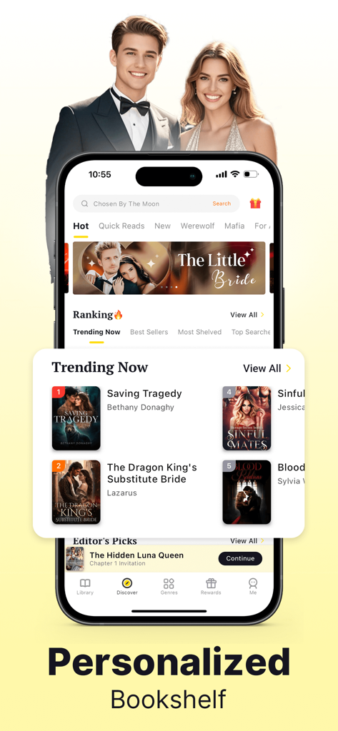 AnyStories app displaying trending romance and fantasy novels on a personalized bookshelf