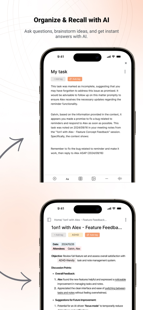 Saner.AI - Saner AI app interface showing AI generated meeting notes and task reminders for productivity