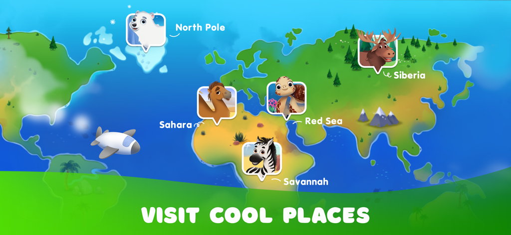 Puzzle Me! Kids Animal Jigsaw - Une carte du monde colorée et dessinée pour enfants, représentant des animaux comme un ours polaire au pôle Nord et un zèbre dans la savane.