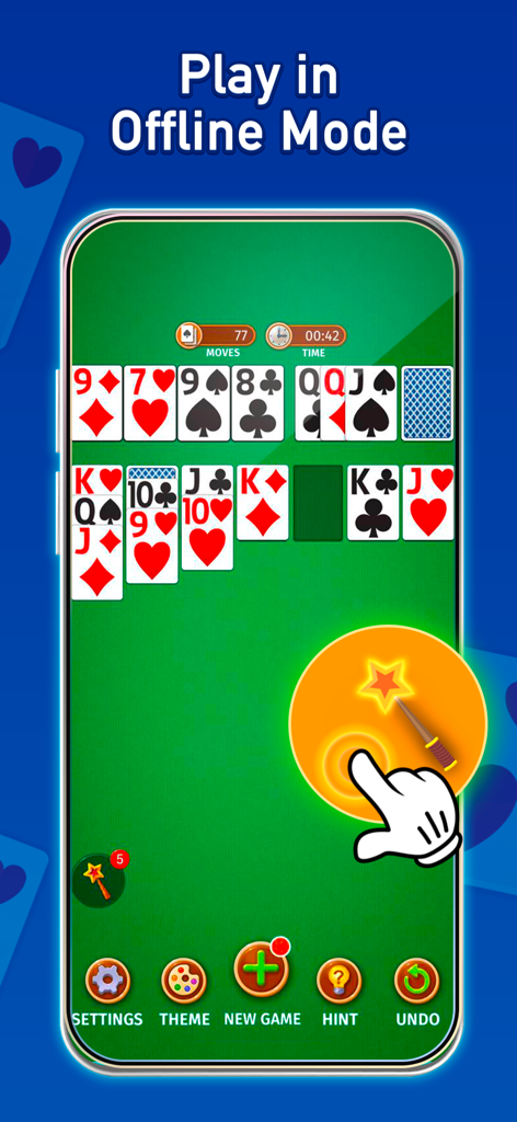 Solitaire: Classic Cards Games - A mobile phone screen displaying a Klondike solitaire game with the text Play in Offline Mode