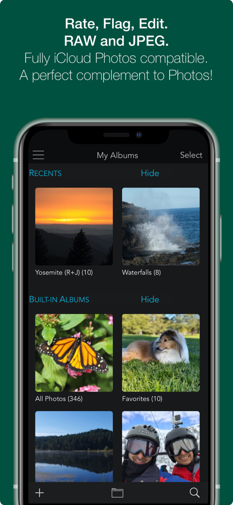 RAW Power - RAW Power app interface on iPhone showing organized photo albums and iCloud synchronization features.