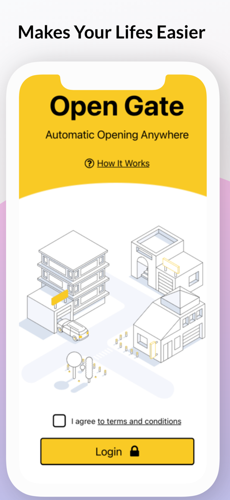 opengate. - Login screen of the opengate app showing a suburban gate illustration