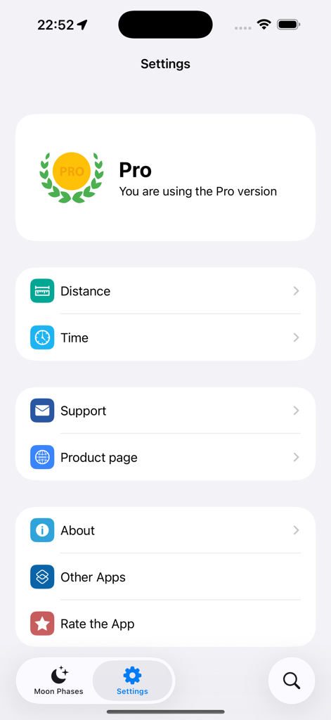 Moon Phases - Lunar Calendar - Settings screen of the Moon Phases app showing Pro version status and configuration options for distance and time