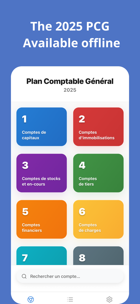 French Chart of Accounts app showing the 2025 PCG account classes and search feature