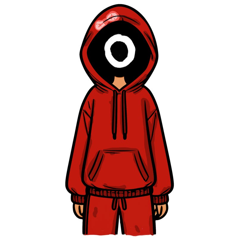 faceless girl in a tracksuit with a hood on and no hair