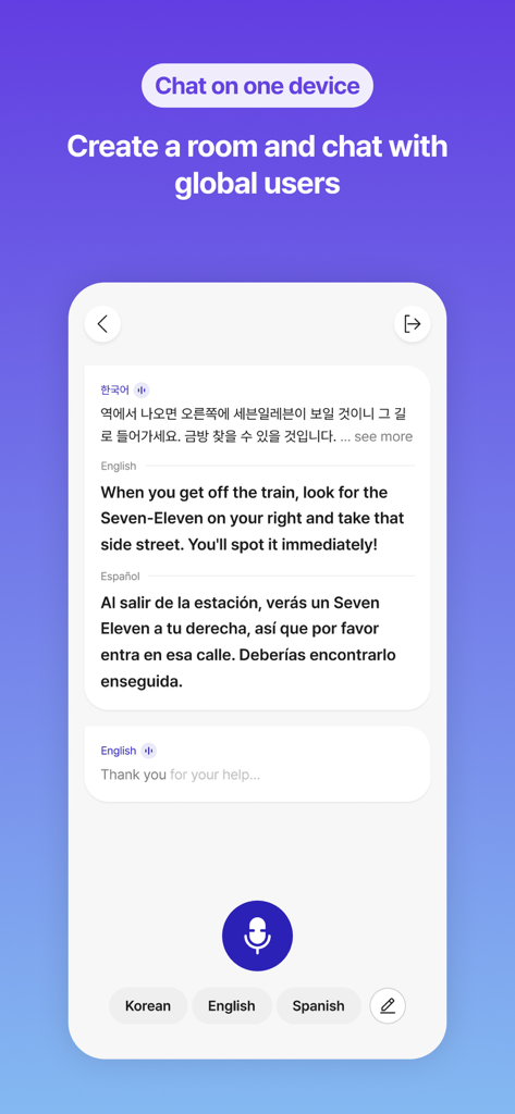 Flitto Chat Translation app interface showing real-time interpretation in Korean English and Spanish on one device