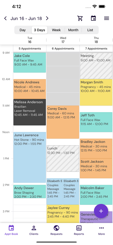 DaySmart Remote Access - Die DaySmart Remote Access mobile App zeigt einen dreitägigen Terminplan mit farbcodierten Buchungen.