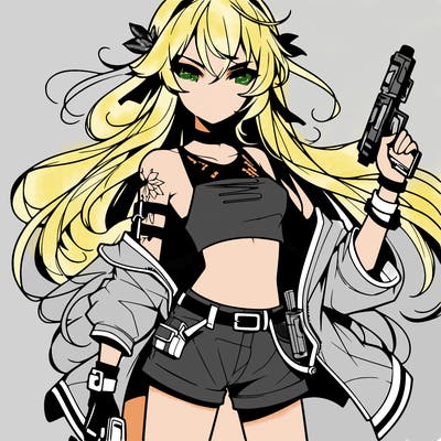 bad girl wearing crop top holding a gun long hair anime