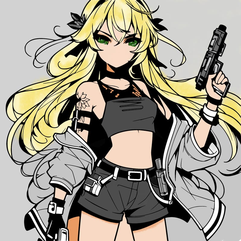 bad girl wearing crop top holding a gun long hair anime