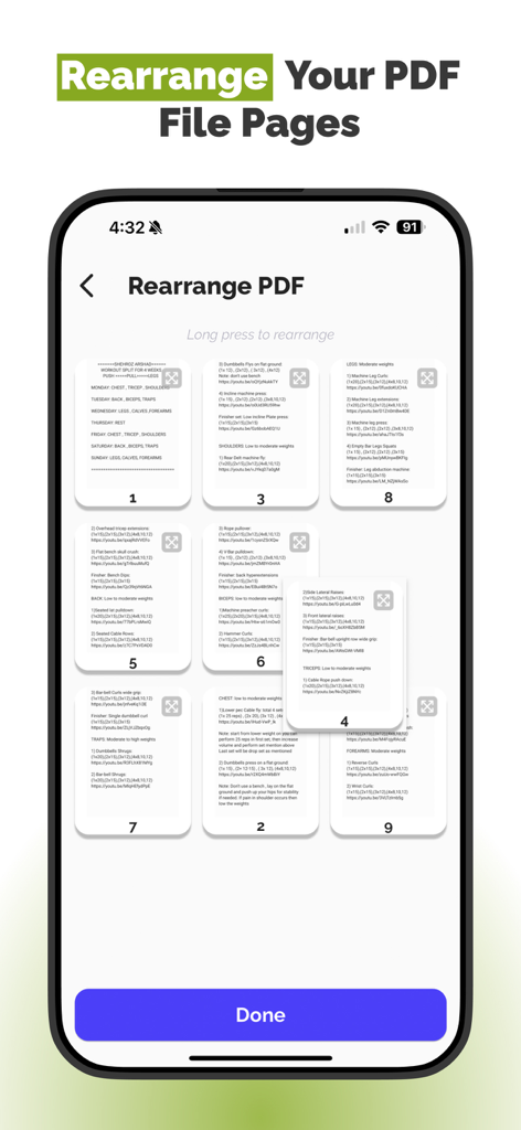 PDF to Document Convert - Mobile app interface for rearranging and reordering PDF file pages