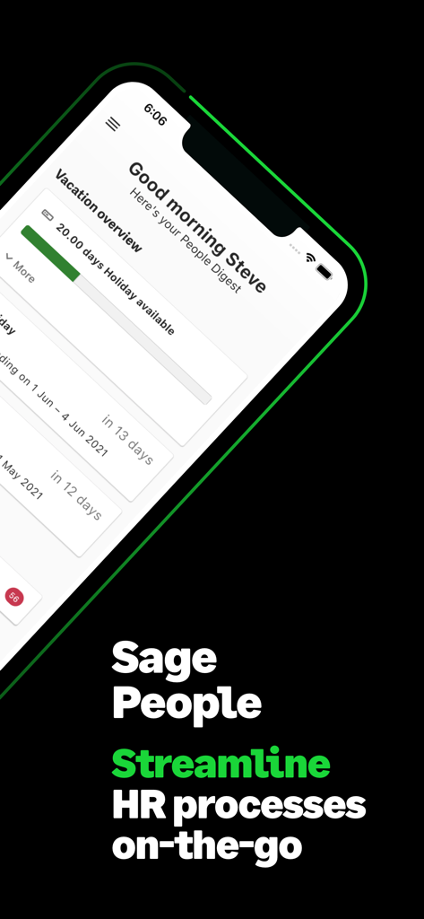 Sage People - Dashboard der Sage People HR Mobile App mit Urlaubsübersicht und Übersicht über Urlaubsanträge