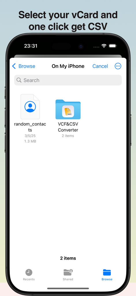 VCF&CSV Converter - Tela do iPhone mostrando o processo de seleção de arquivo para converter um arquivo de contato vCard em uma planilha CSV