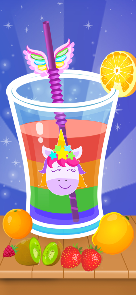 Unicorn Cooking Girl Games App - A glass of colorful layered rainbow smoothie with a unicorn face and a winged purple straw surrounded by fresh fruit