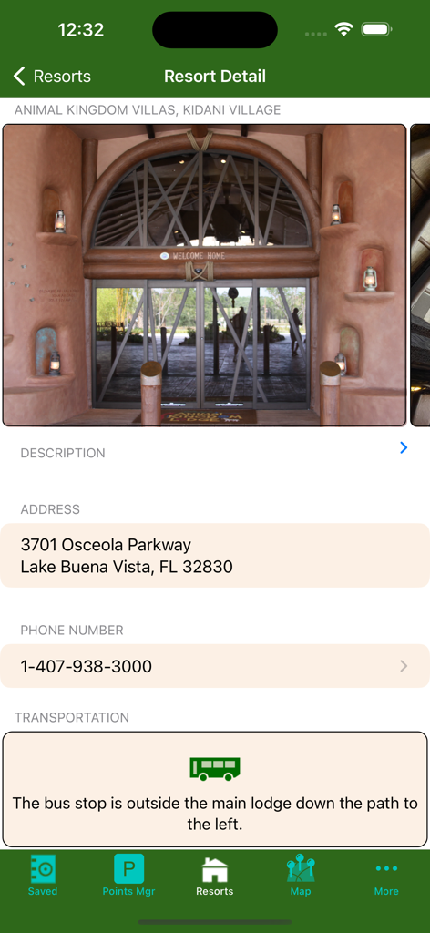 DVC Planner app screen showing resort details for Animal Kingdom Villas Kidani Village including address and transportation information