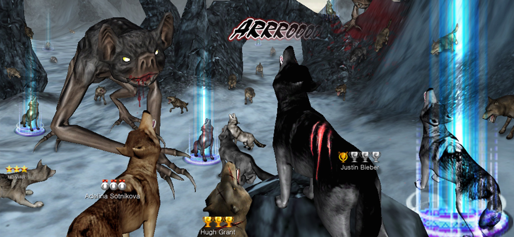 눈 덮인 산 환경에서 거대한 박쥐 괴물을 둘러싸고 울부짖는 Wolf Online 늑대 무리.