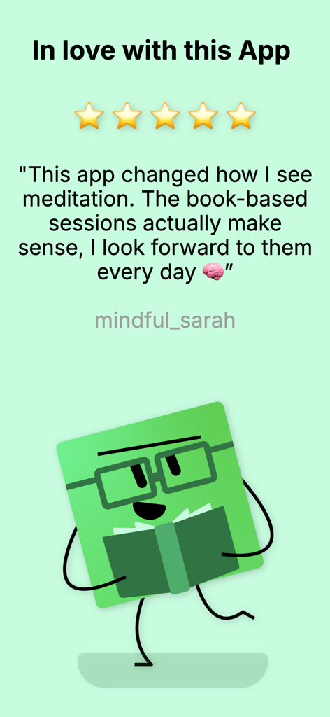 A 5 star user review for myMentalPal praising book-based meditation sessions with a cartoon character reading a book