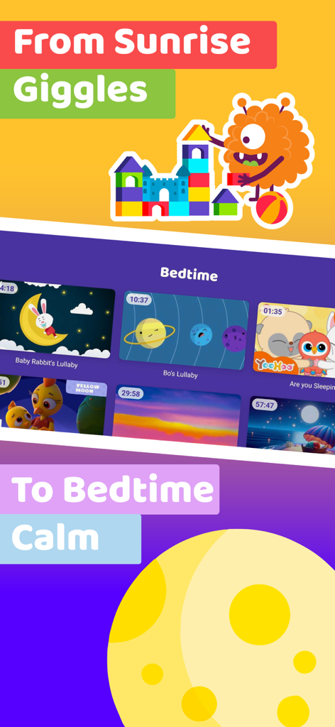 Interfaz de la aplicación KidsBeeTV que muestra una selección de canciones de cuna y vídeos para dormir para niños.