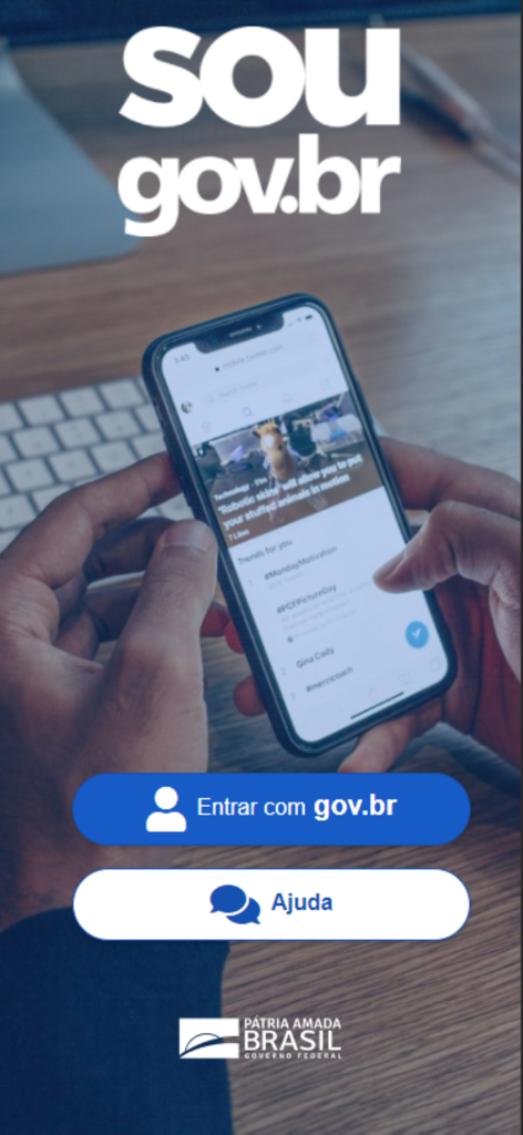 Sou Gov.br - Tela de login do aplicativo Sou Gov.br para funcionários federais brasileiros mostrando botões para entrada na conta gov.br e ajuda.