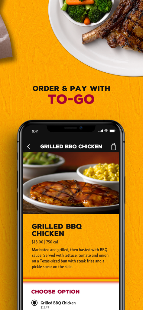 グリルBBQチキンのテイクアウト注文用のTexas Roadhouseモバイルアプリのインターフェース
