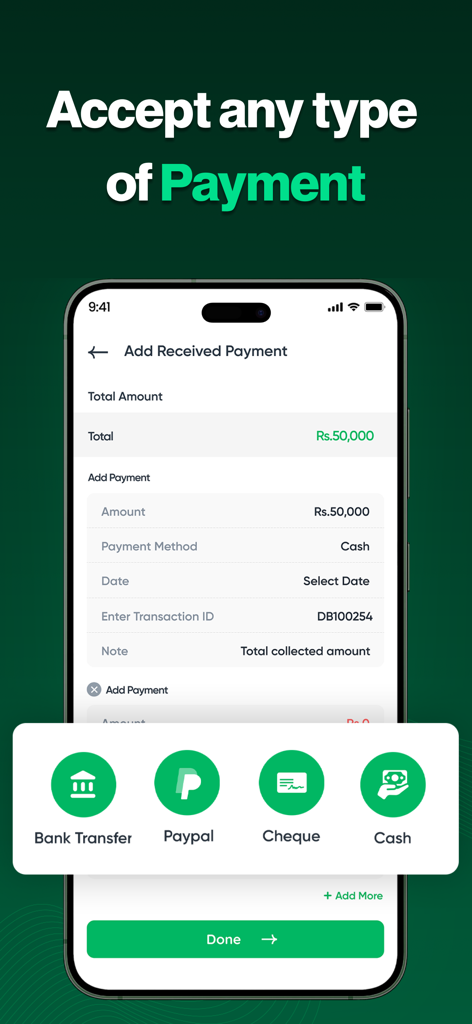 A mobile interface for an invoice app showing multiple payment methods like PayPal, bank transfer, cheque, and cash.