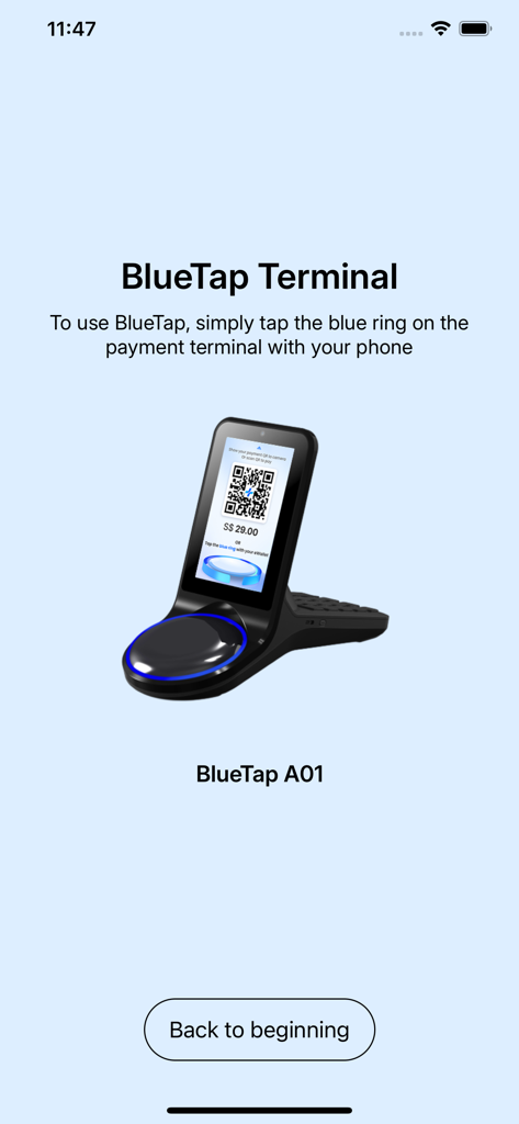 Instruction screen showing the BlueTap A01 payment terminal and blue tap ring