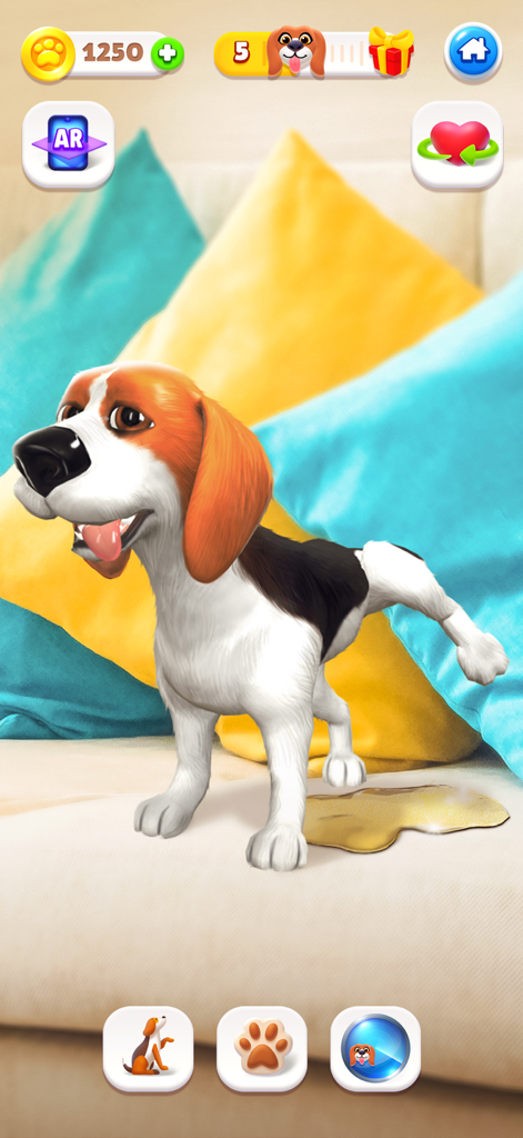 A beagle puppy making a mess on a sofa in the Tamadog virtual pet simulator