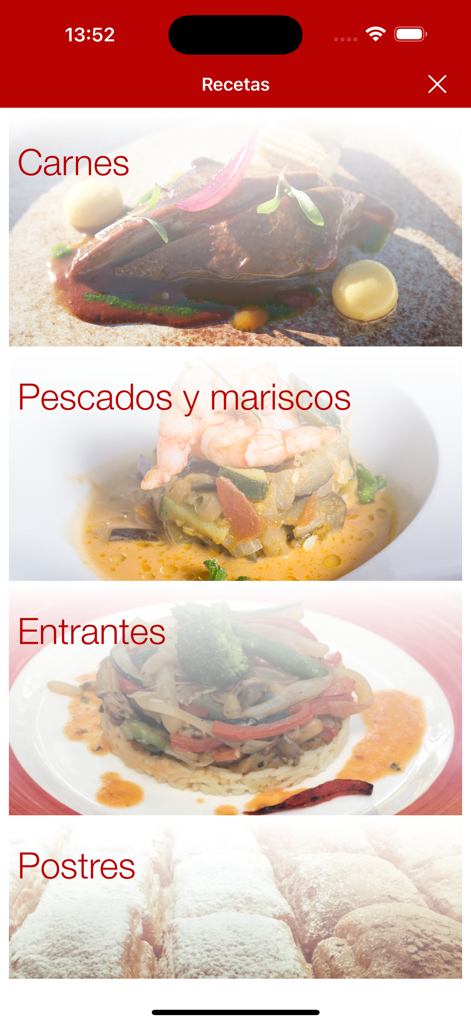 Rezeptkategorien-Bildschirm der MasterChef-App mit Kategorien für Fleisch, Fisch, Vorspeisen und Desserts mit Gourmet-Gerichtsfotos