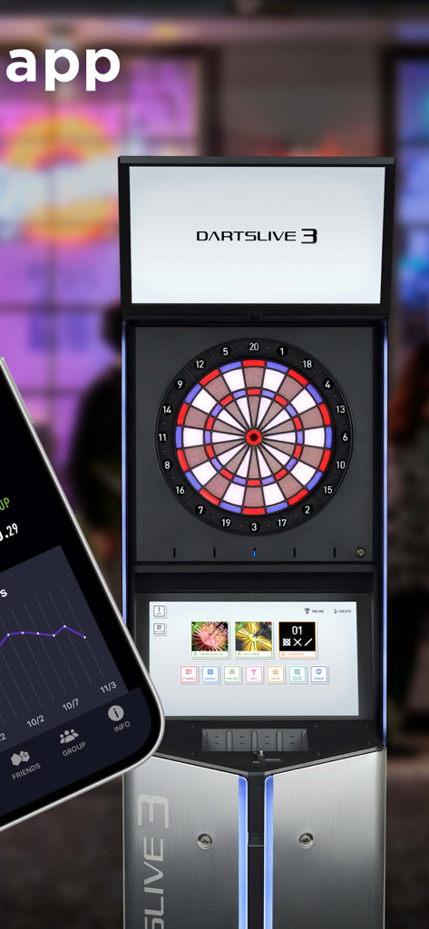 DARTSLIVE 3 electronic dart machine and smartphone app showing player performance statistics