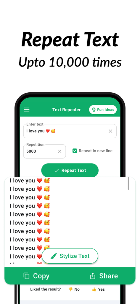 Text Repeater: Repeat Text App - Text Repeater mobile app interface showing text repetition settings and preview of repeated I love you message