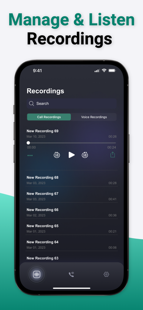 Phone Call Recorder ° TapeCall - Benutzeroberfläche, die eine Liste aufgezeichneter Telefonanrufe mit Wiedergabeoptionen in der TapeCall-App zeigt.