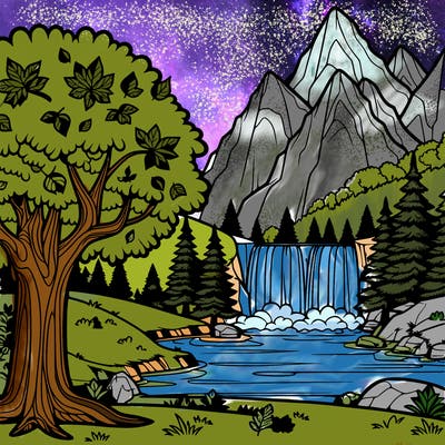 a tree in fall, beautiful view of a mountain, and a river and a waterfall